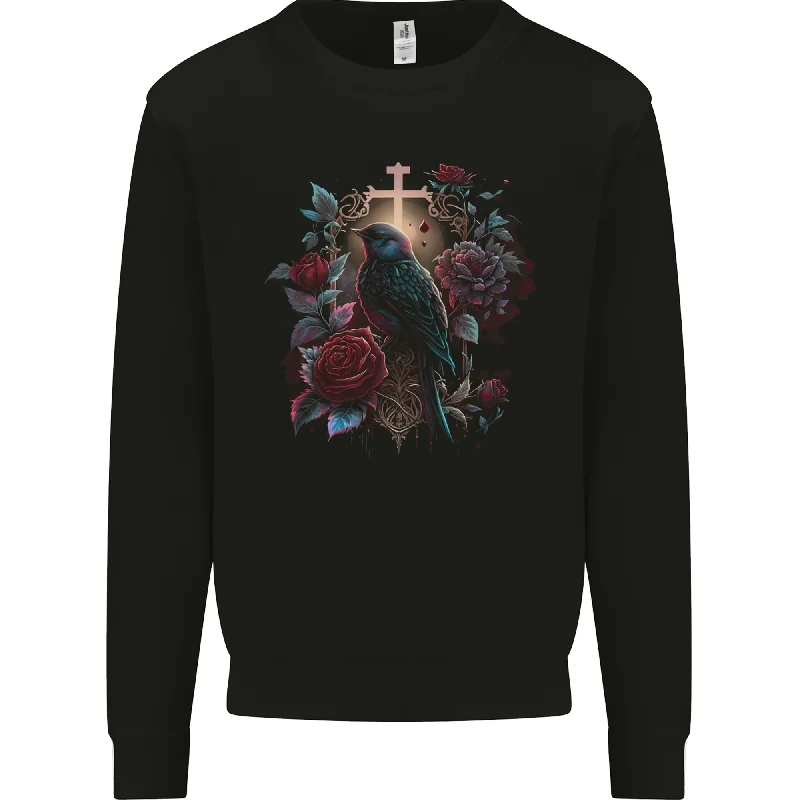 A Gothic Bird and Cross in Roses Gothic Mens Sweatshirt Jumper Hoodie with Hem Lace Feminine Delicate A Gothic Bird and Cross in Roses Gothic Mens Sweatshirt Jumper Hoodie with Hem Lace Feminine Delicate