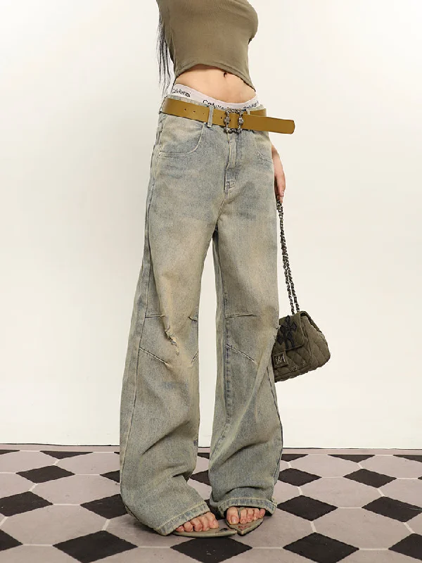 Lisa Denim Blue Washed Vintage Wide Leg Pressed Pleated Jeans Pants Comfortable Full-Length Denim Jeans Lisa Denim Blue Washed Vintage Wide Leg Pressed Pleated Jeans Pants Comfortable Full-Length Denim Jeans