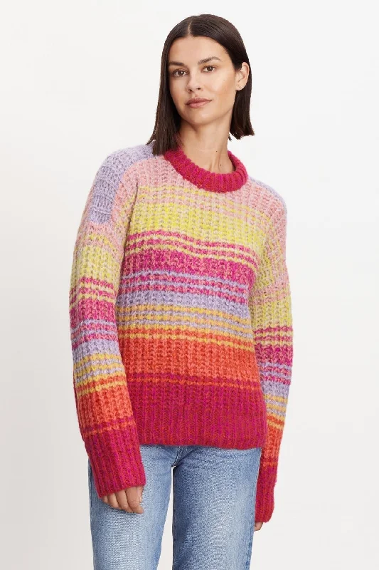 BRANDY STRIPED CREW NECK SWEATER Chenille Fabric Brocade Fabric Lace Fabric