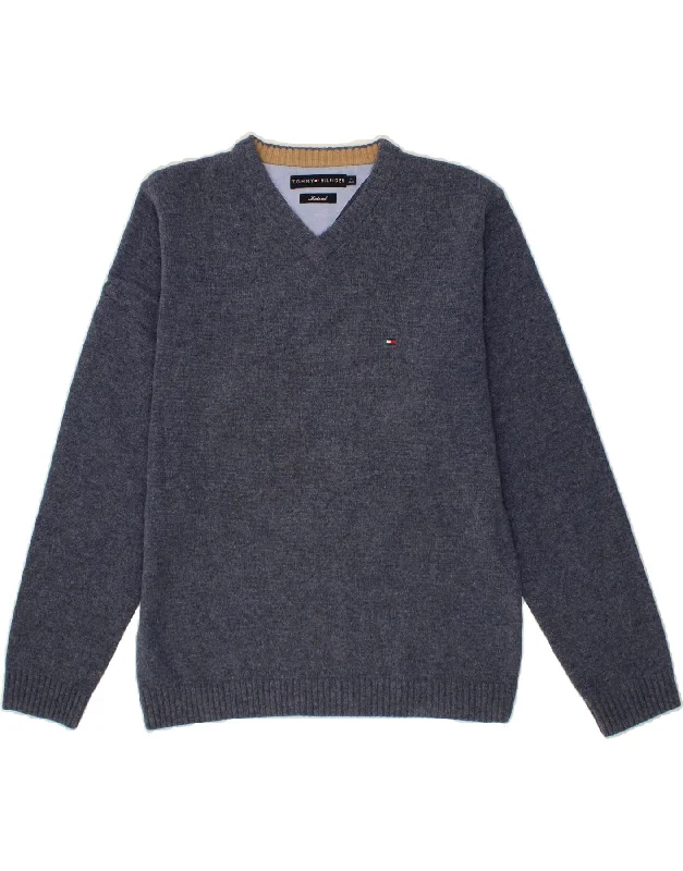 TOMMY HILFIGER Mens V-Neck Jumper Sweater Medium Navy Blue Lambswool Anti-Pilling Anti-Shrink Durable
