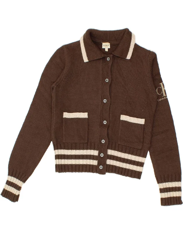 CALVIN KLEIN Womens Graphic Cardigan Sweater UK 12 Medium Brown Wool Faux Fur Fabric Real Fur Fabric Shearling Fabric CALVIN KLEIN Womens Graphic Cardigan Sweater UK 12 Medium Brown Wool Faux Fur Fabric Real Fur Fabric Shearling Fabric