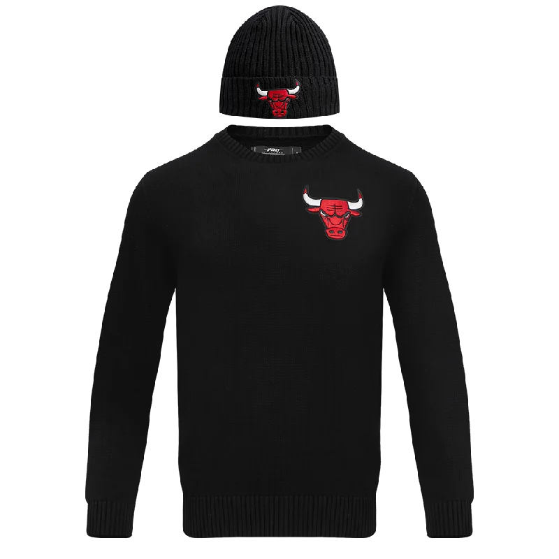 NBA CHICAGO BULLS KNIT BOX SET SWEATER & BEANIE COMBO (BLACK) Graphic Sweater Embroidered Appliqued