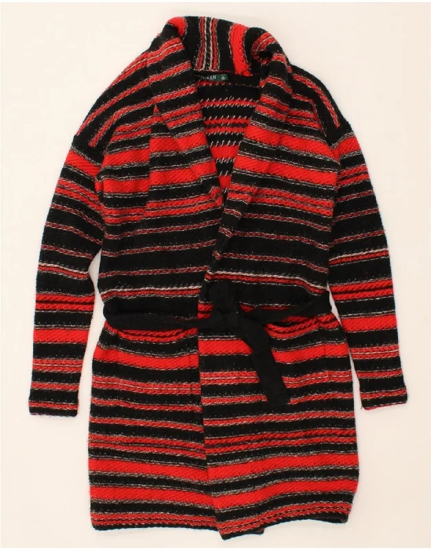 RALPH LAUREN Womens Longline Cardigan Sweater UK 14 Medium Red Striped Graphic Sweater Embroidered Appliqued RALPH LAUREN Womens Longline Cardigan Sweater UK 14 Medium Red Striped Graphic Sweater Embroidered Appliqued
