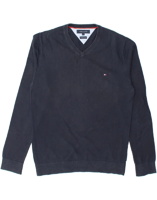 TOMMY HILFIGER Mens V-Neck Jumper Sweater Large Navy Blue Cotton Faux Fur Fabric Real Fur Fabric Shearling Fabric