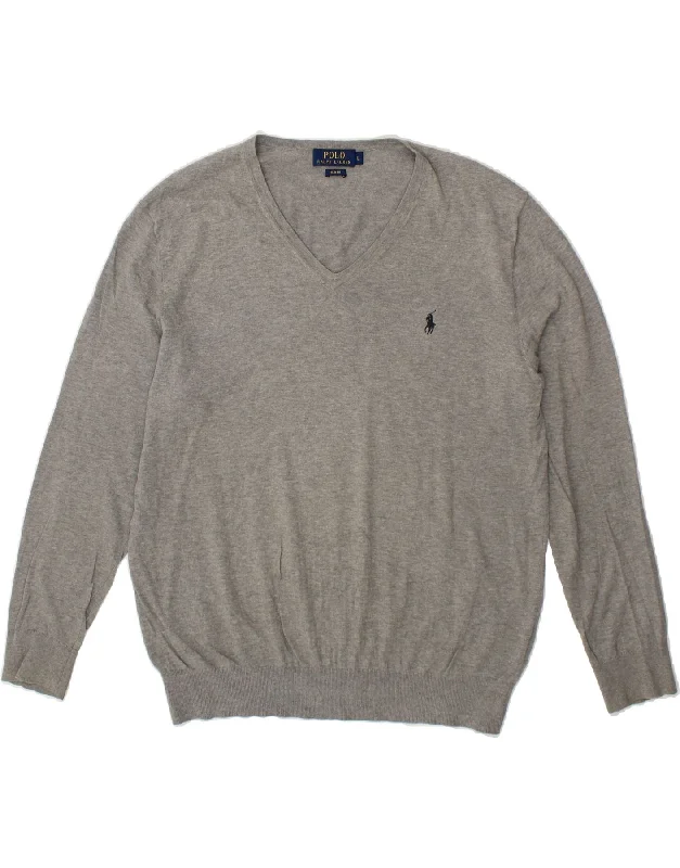 POLO RALPH LAUREN Mens Slim Fit V-Neck Jumper Sweater Large Grey Cotton Tailored Straight A-Line POLO RALPH LAUREN Mens Slim Fit V-Neck Jumper Sweater Large Grey Cotton Tailored Straight A-Line
