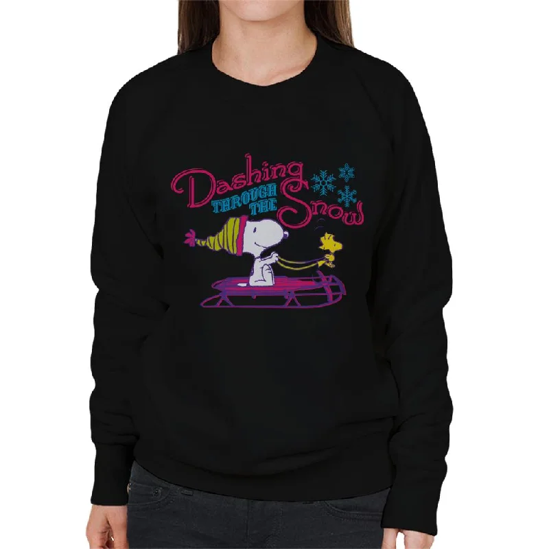 Peanuts Christmas Dashing Through The Snow Women's Sweatshirt Hoodie with Button Placket Classic Preppy Peanuts Christmas Dashing Through The Snow Women's Sweatshirt Hoodie with Button Placket Classic Preppy