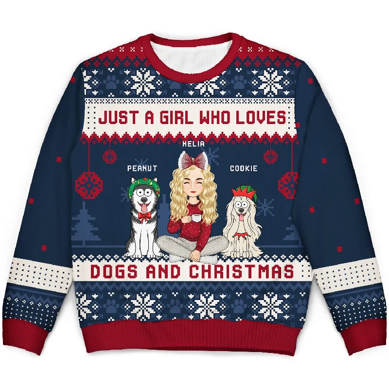 Just A Girl Who Loves Dogs And Christmas Cartoon Style - Gift For Dog Moms, Dog Lovers - Personalized Unisex Ugly Sweater Mesh Blend Leather Blend Suede Blend