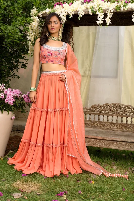 Coral Printed Blouse With Coral Tiered Lehenga And Dupatta Elegant Peplum Blouse