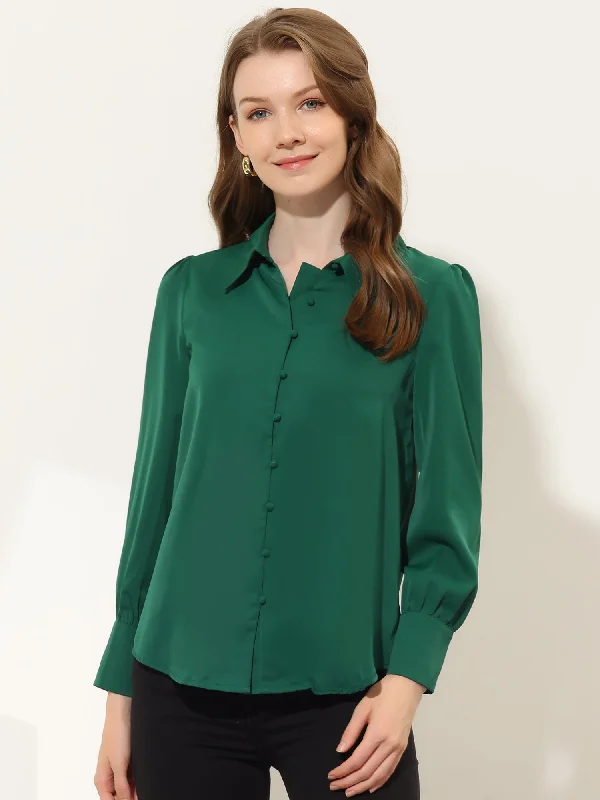 Work Office Blouse Point Collar Long Sleeve Solid Button Down Shirt Loose Oversized Blouse