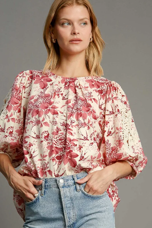 Umgee Floral Pleated Detail Lace Trim Sleeve Blouse Polished Work Blouse