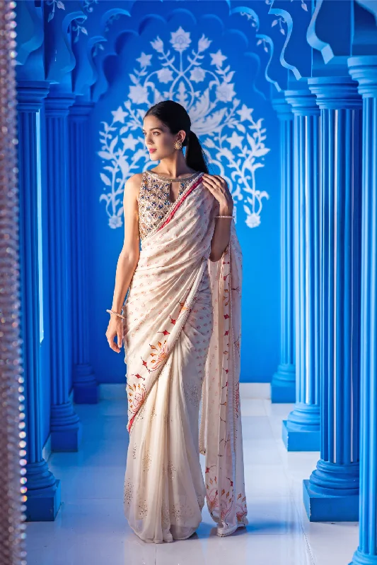 Ivory printed saree with embroidered blouse Puff Sleeve Blouse