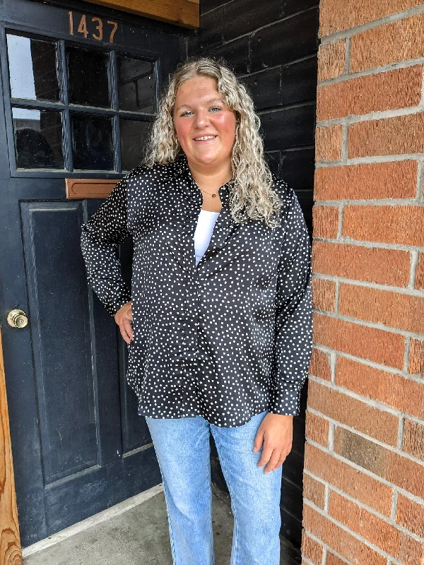 Polka Dot Long Sleeve Blouse - Plus -Black Casual Stripe Blouse