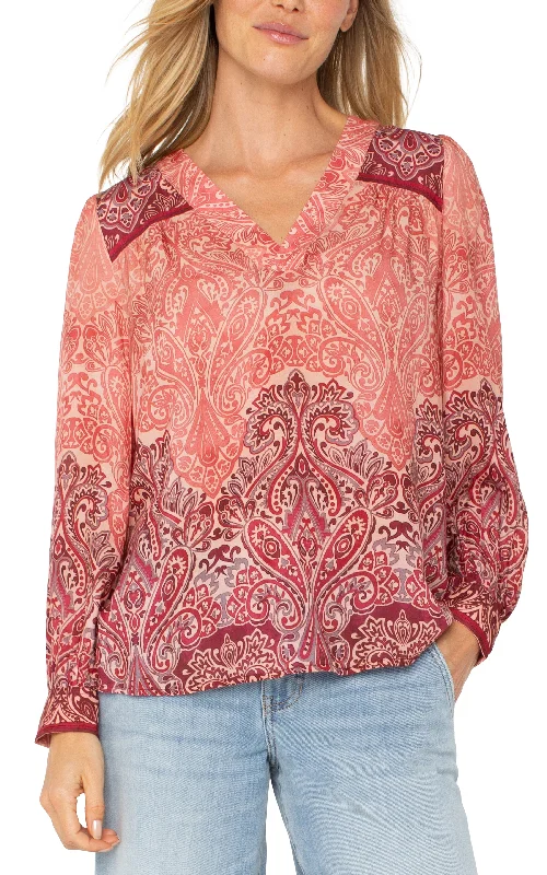 Liverpool Long Sleeve V-Neck Popover Woven Blouse (Mauve Ombre Paisley) Smart Business Blouse Liverpool Long Sleeve V-Neck Popover Woven Blouse (Mauve Ombre Paisley) Smart Business Blouse