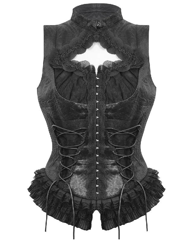 Dark In Love Womens Gothic Burlesque Lace-Up Sleeveless Blouse Top Feminine Pastel Blouse