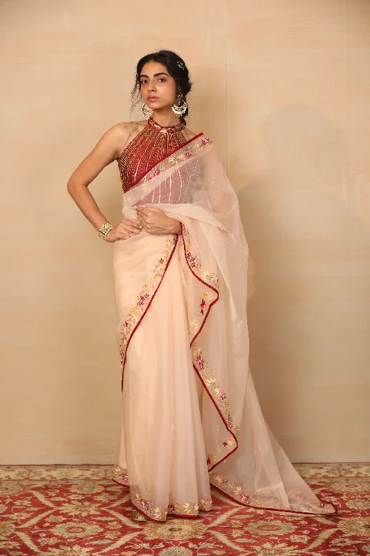 Ruhi Peach Saree With Maroon Halter Blouse Textured Cotton Blouse