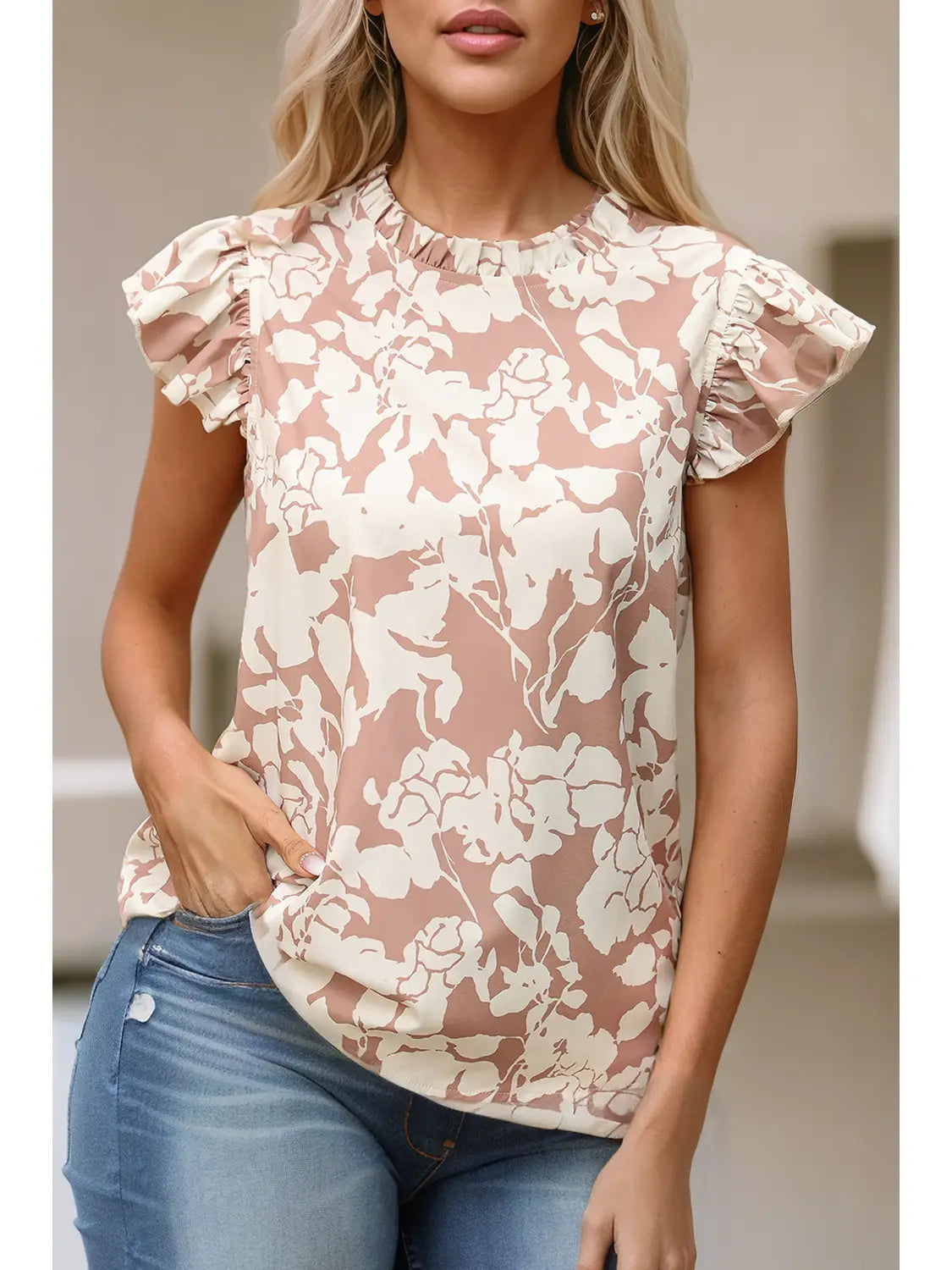 Khaki Floral Ruffle Sleeve Blouse Satin Bow Blouse