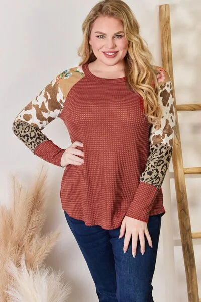 Hailey & Co Leopard Waffle-Knit Blouse In Rust Sleeveless Chiffon Blouse