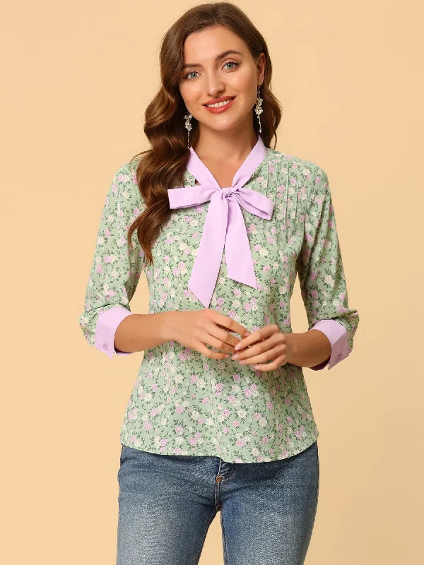 Floral Tops Bow Tie V Neck Contrast Trim 3/4 Sleeve Vintage Blouse Cotton Casual Blouse