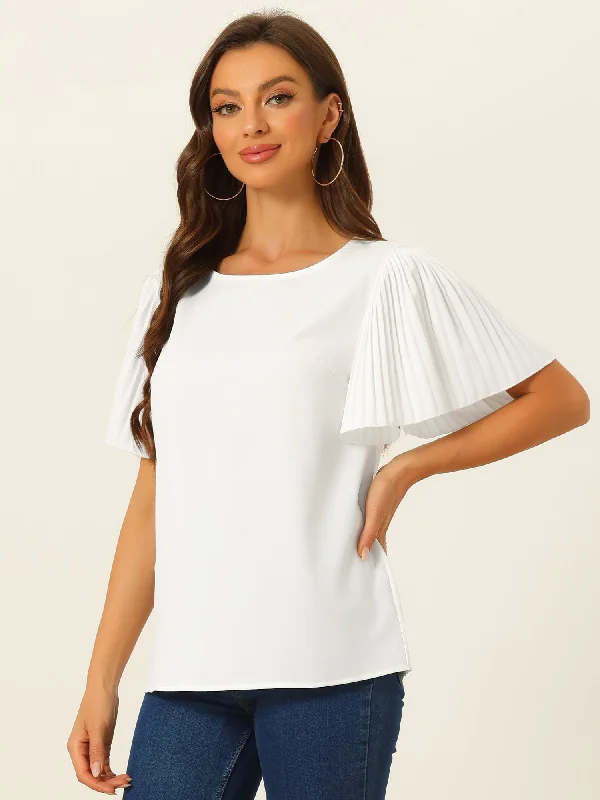 Flutter Sleeve Solid Round Neck Short Sleeve Blouse Elegant Embroidery Blouse