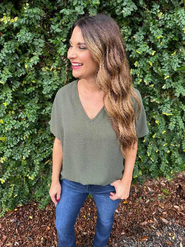 Flowy V Blouse- Olive Mandarin Collar Blouse