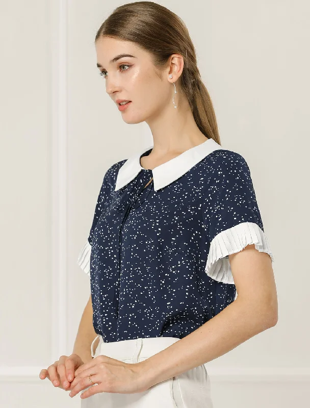 Contrast Doll Collar Polka Dots Tops Short Sleeve Blouse Modern Work Blouse