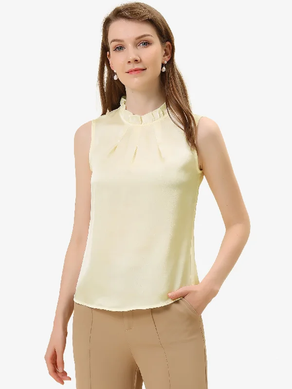 Sleeveless Blouse Mock Neck Ruffles Elegant Satin Work Tops Double-Layered Blouse