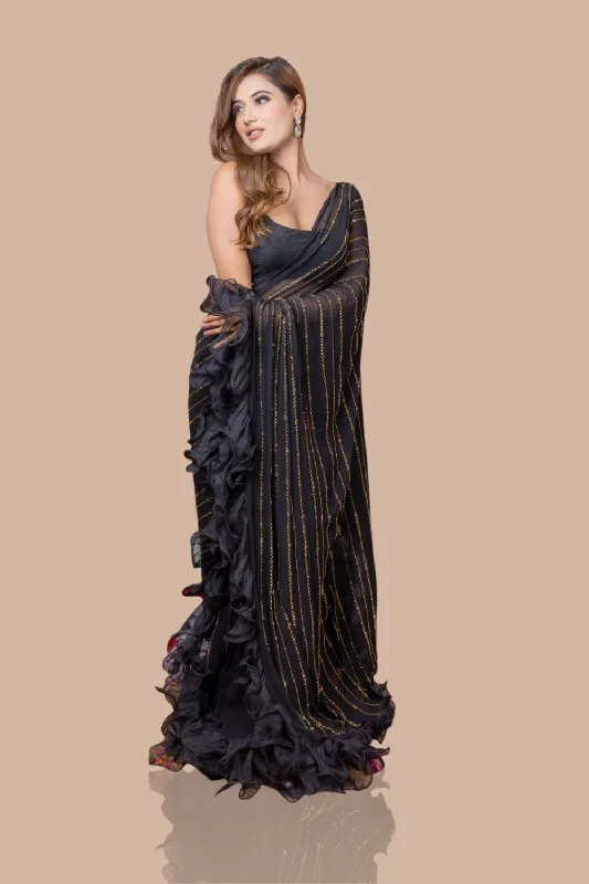 Black Drape Saree With Ruffles And Blouse Smart Business Blouse