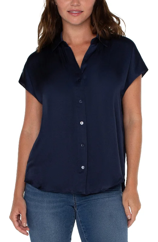 Liverpool Dolman Sleeve Blouse w/Collar & Button Front (Dark Navy) Bell Sleeve Blouse Liverpool Dolman Sleeve Blouse w/Collar & Button Front (Dark Navy) Bell Sleeve Blouse