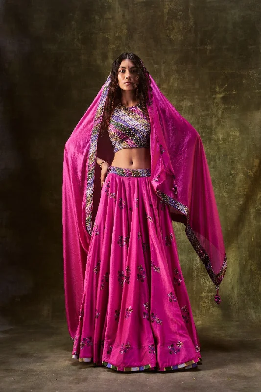 Rani Pink Printed Lehenga Set With Blouse & Dupatta Modern Oversized Blouse