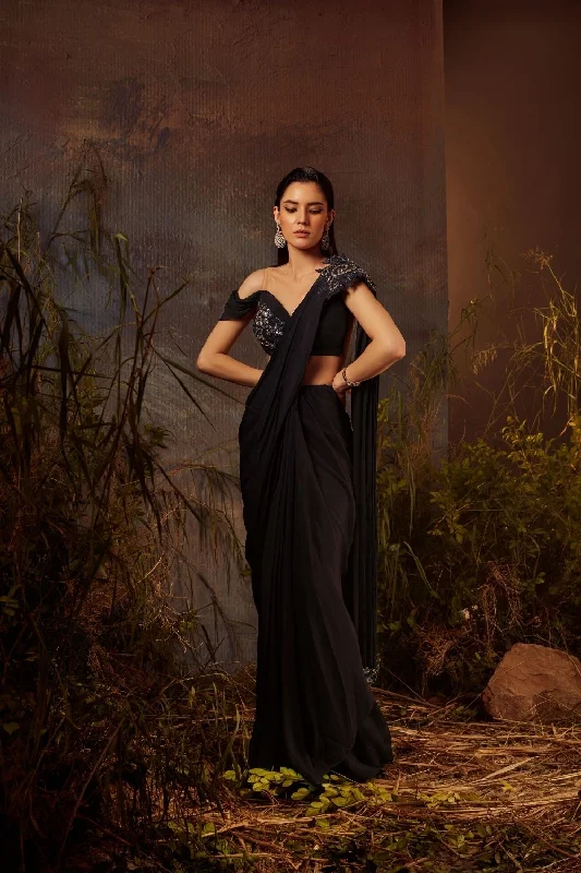 Mid night blue embroidered off shoulder blouse with saree set Double Button Blouse