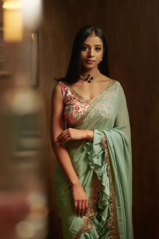 Peach Blouse with Sea Green Saree Versatile Layering Blouse
