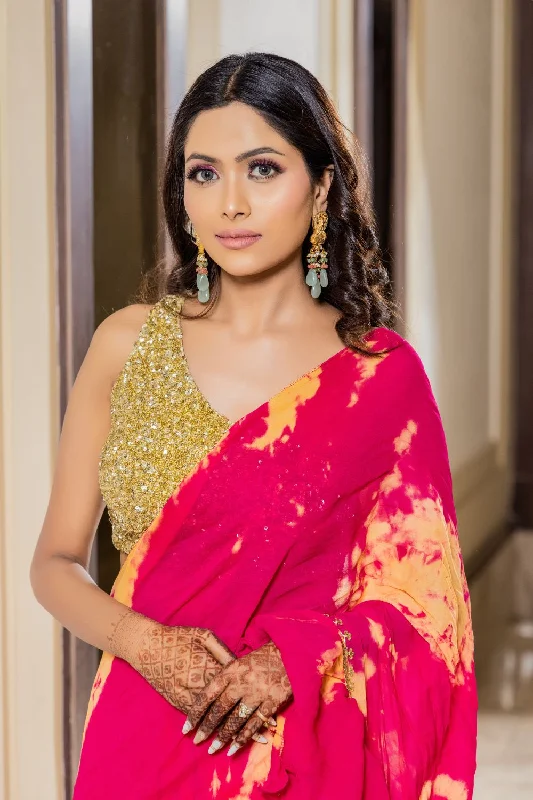 Zareen - Rani Pink Tie And Dye Drape Saree With Gold Sequin Blouse Short Sleeve Blouse