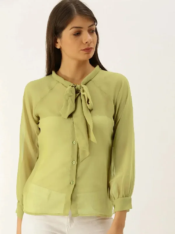 Tie up collar shirt blouse in Olive Green Slim Fit Blouse