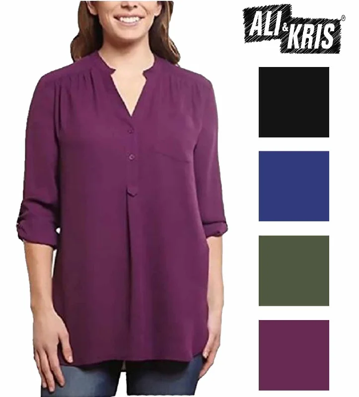 Ali & Kris Womens Roll Tab, High-Low Hem, Lightweight Blouse Puff Sleeve Blouse