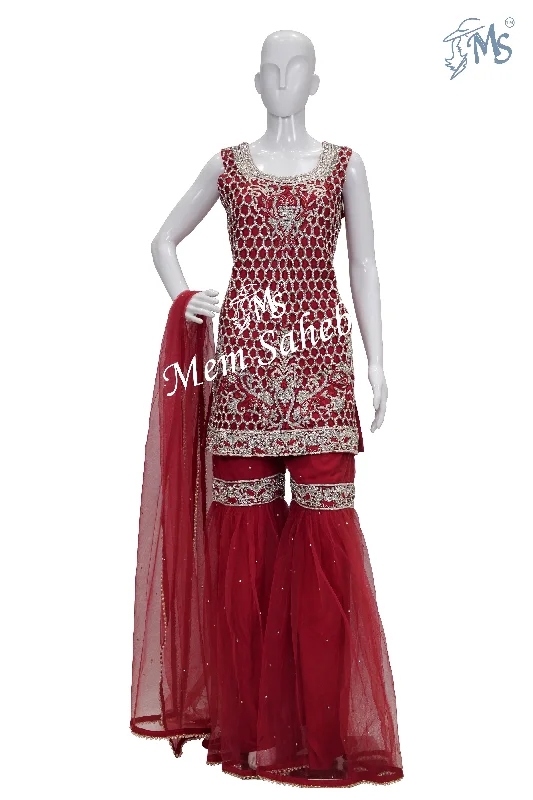 Indo Western Maroon Honeycomb Designer Top with Gharara Pant Trendy Tapered Pants