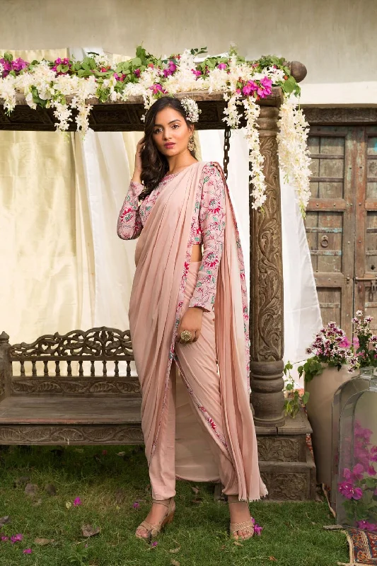 Nude Pink Floral Printed Blouse With Pant Saree Chic Sleeveless Blouse