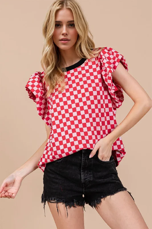 Oh Checkered Round Neck Puff Sleeve Blouse Office Formal Blouse