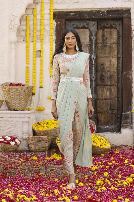 Sage Green Floral Printed Blouse With Pant Saree.. Flowy Bohemian Blouse