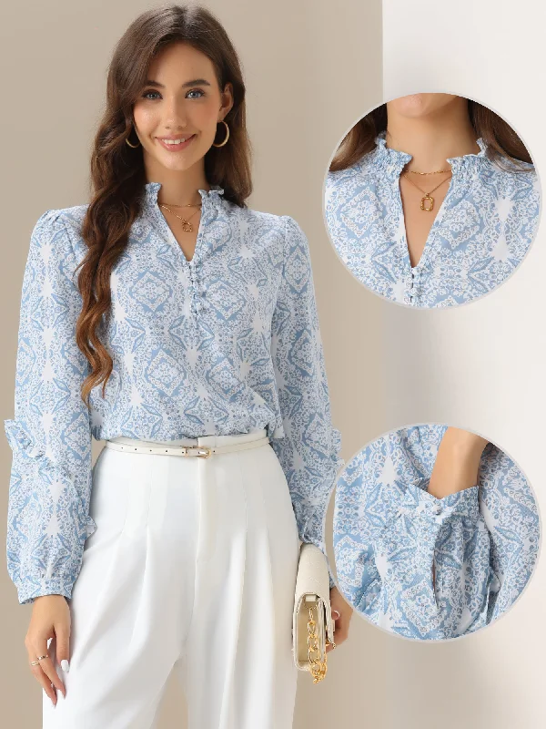 Ruffled Long Sleeve Boho Print Blouses Top Casual Button Blouse