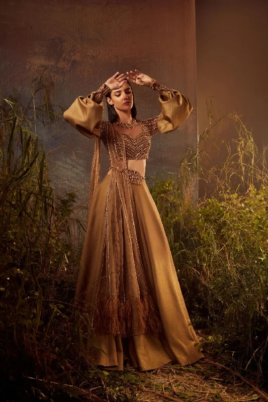 KIARA Mettalic gold embroidered blouse with lehenga set Textured Cotton Blouse