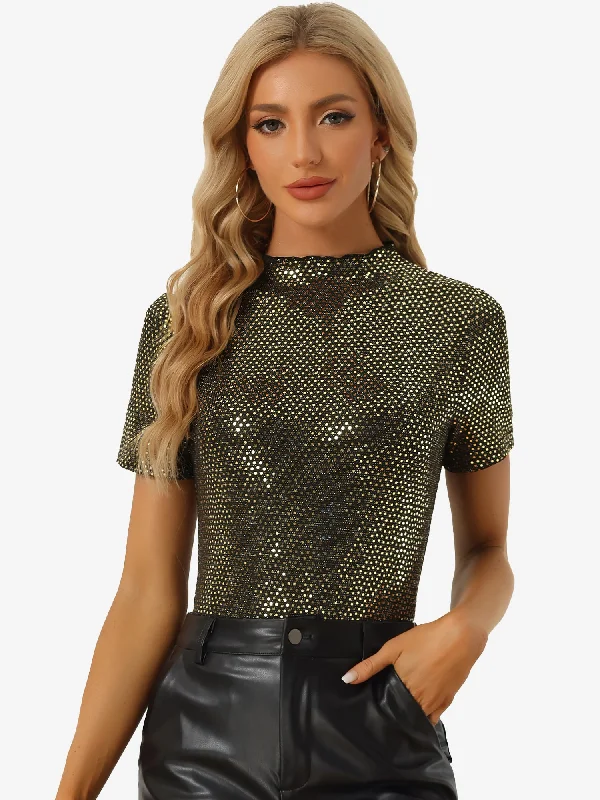 Sequin Top Short Sleeve Mock Neck Sparkly Party Blouse Smart Business Blouse