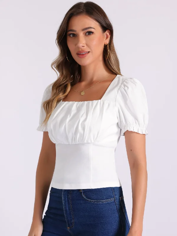 Square Neck Ruched Puff Sleeve Cropped Blouse Classic Minimalist Blouse