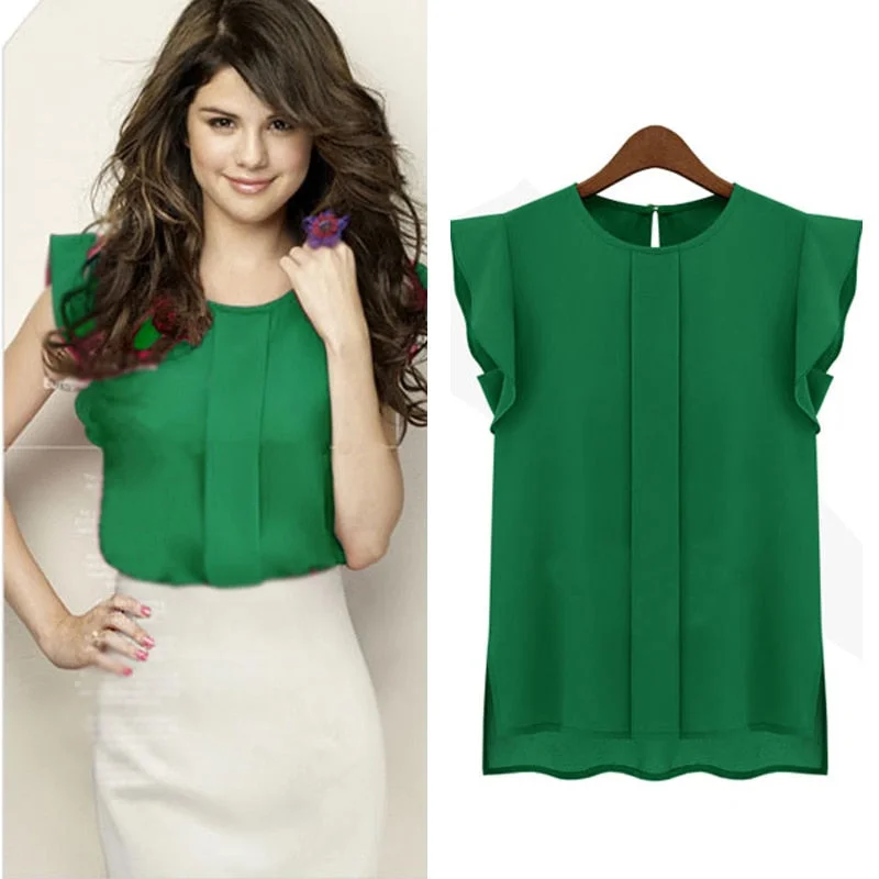 Women Summer Elegant Blouse Office Lady Solid Short Sleeve Chiffon Shirt Ruffle Top Embellished Collar Blouse