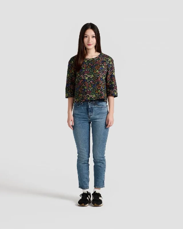 Snakes & Flowers Print 3/4 Sleeve Blouse Feminine Puff Blouse