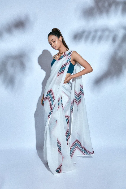 White Printed Sari paired with Teal Blouse Soft Modal Blouse