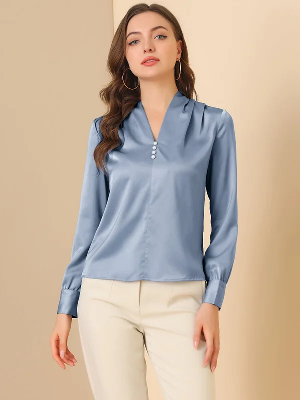 V Neck Decor Beaded Long Sleeve Office Pleated Satin Blouse Top Semi-Sheer Blouse