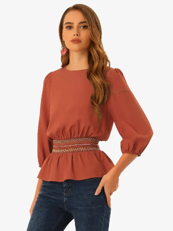 Peplum Top 3/4 Sleeve Smocked Waist Blouse Peter Pan Collar Blouse