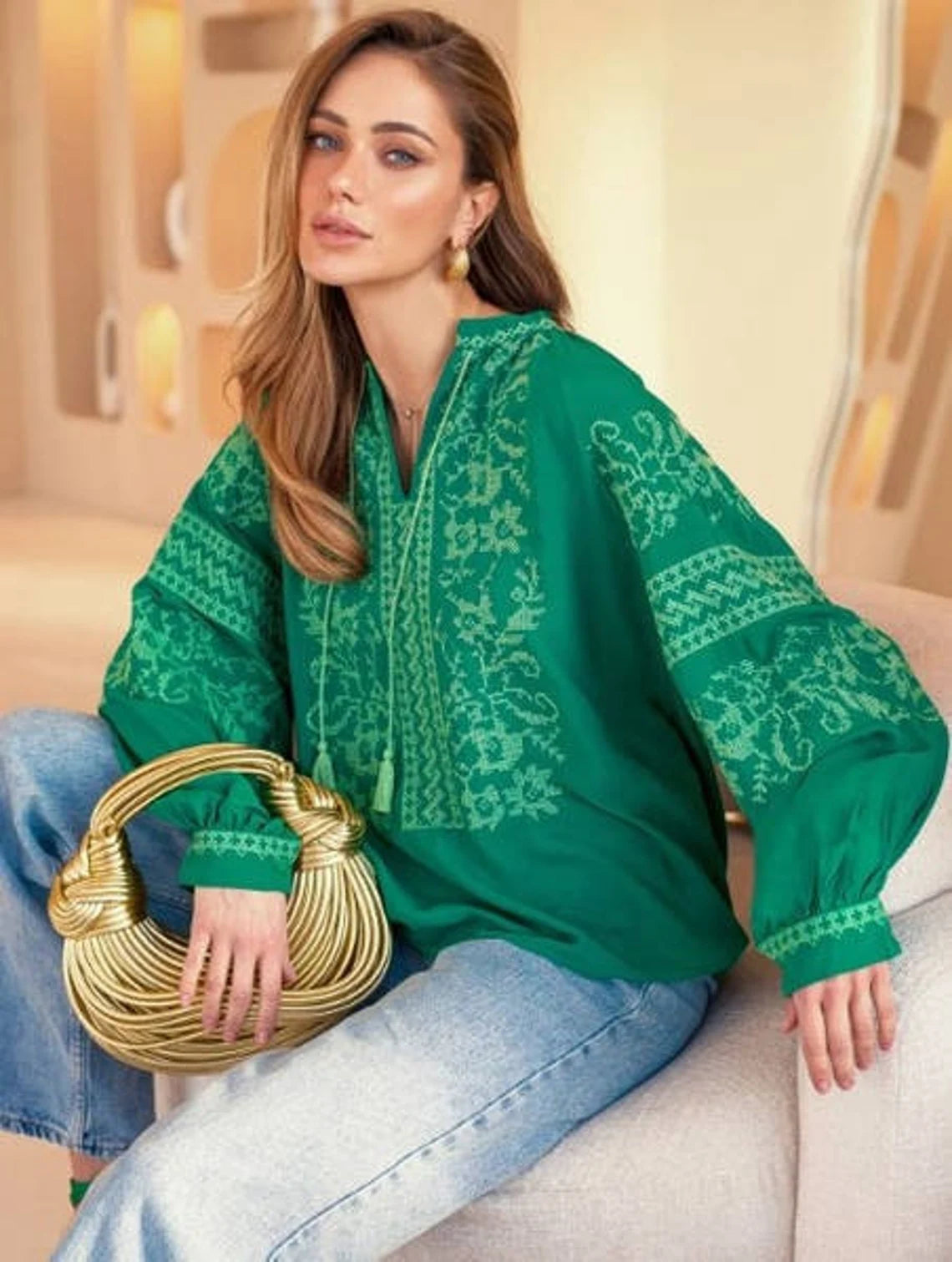 Green Ukraine Vishivanka blouse Soft Modal Blouse
