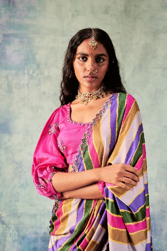 Stripes Saree With Rani Blouse Airy Cotton Blouse