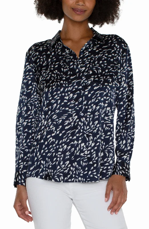 Liverpool Flap Pocket Button Front Woven Blouse (Navy Multi) Elegant Office Blouse